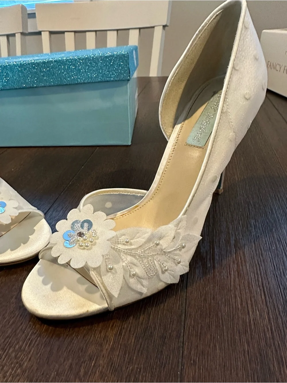 Betsey Johnson Anise Ivory Floral Embellished Heels with Box